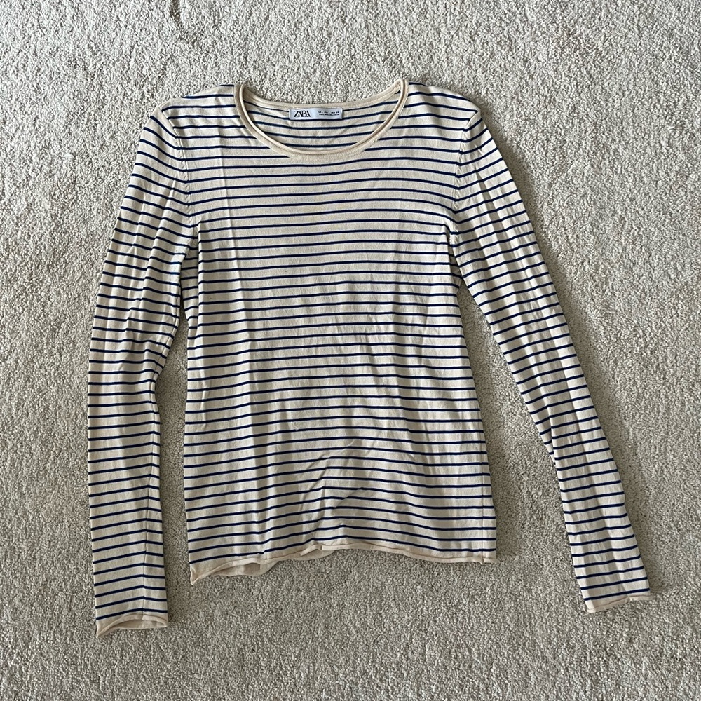 Zara Cream and Navy Striped Long Sleeve Tee - Slim Crew